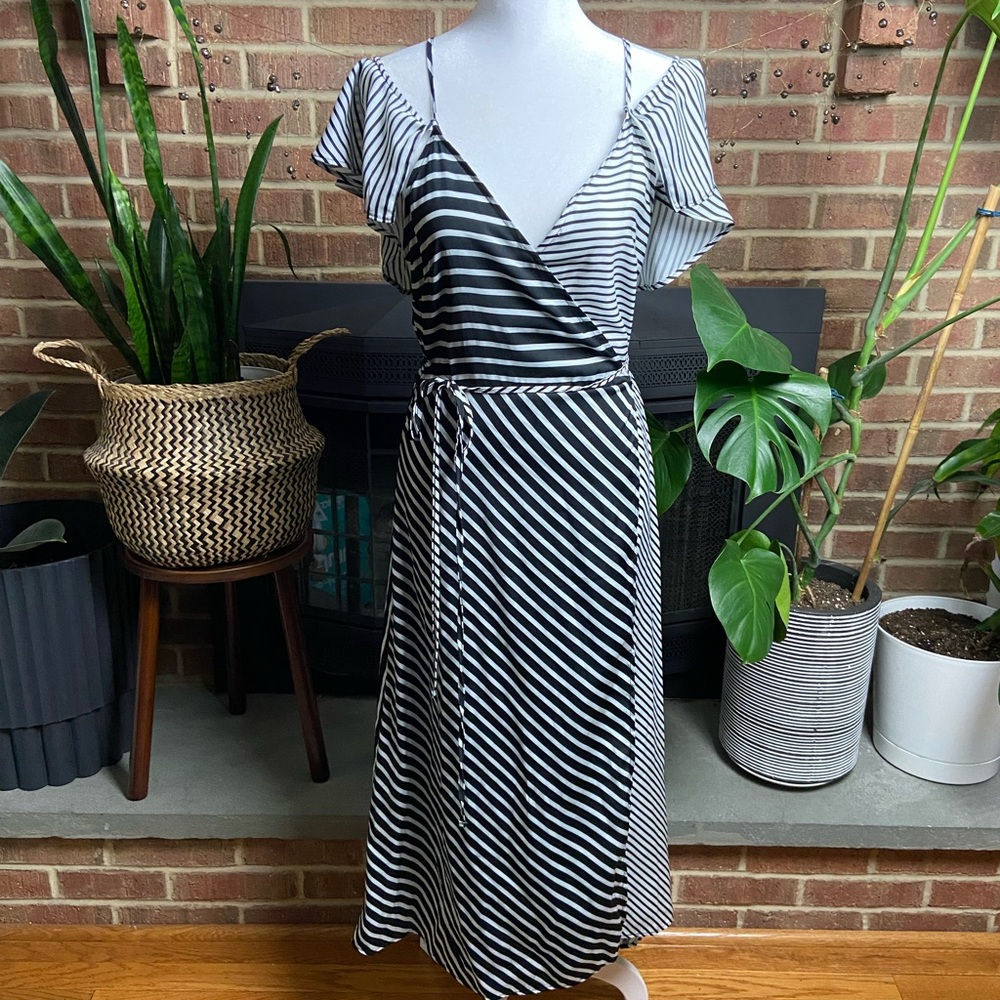 Striped Off-The-Shoulder Midi Wrap Dress, Size M